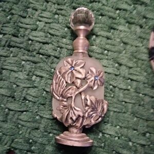 Floral frosted Glass and pewter Perfume Bottle with sapphire Accents 1930's